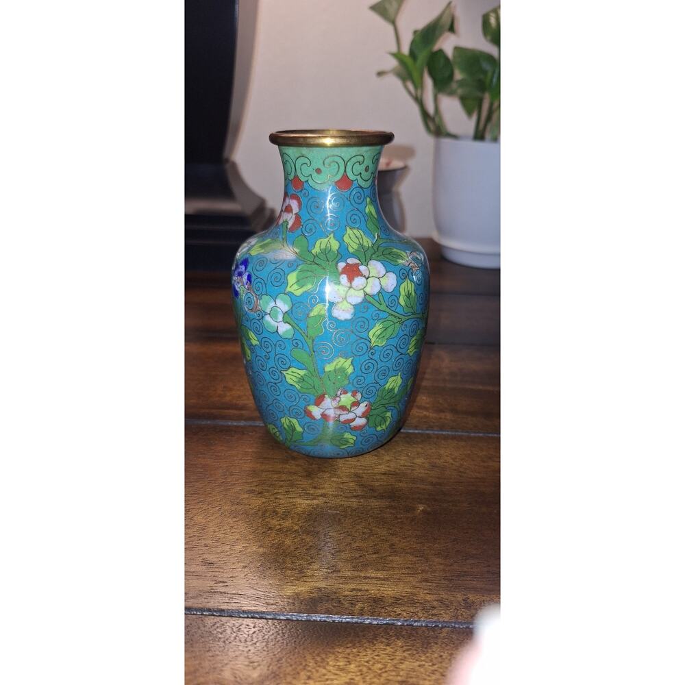 Antique Chinese Cloisonné Vase Blue Floral Enamel 6.5" Marked CHINA